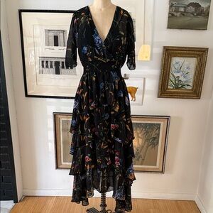 Maje Black Floral Ruffle Dress